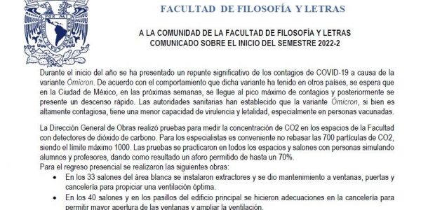 Comunicado Dirección FFyL sobre inicio de cursos 2022-2